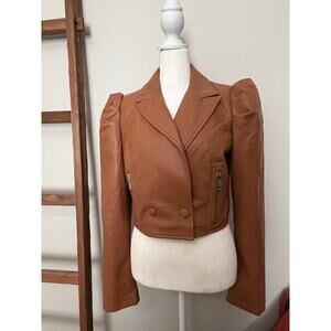 Azalea Wang Cropped Faux Leather Jacket – Puff Sleeve – Brown – Size Med